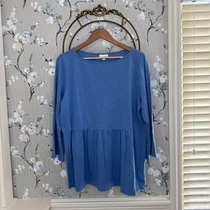 J. Jill Womens Blue Empire Waist Peplum Top Slub Knit 3/4 Sleeve Large